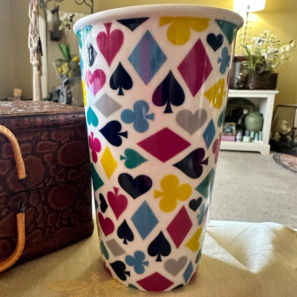 Jonathan Adler “ Card Suits “ Ceramic Travel Coffee Mug / Cup / Tumbler.